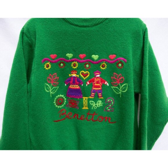 Vtg Benetton Sweater Kids 012 Green Embroidered Folk Motif Wool Girls Colorful - Picture 2 of 7